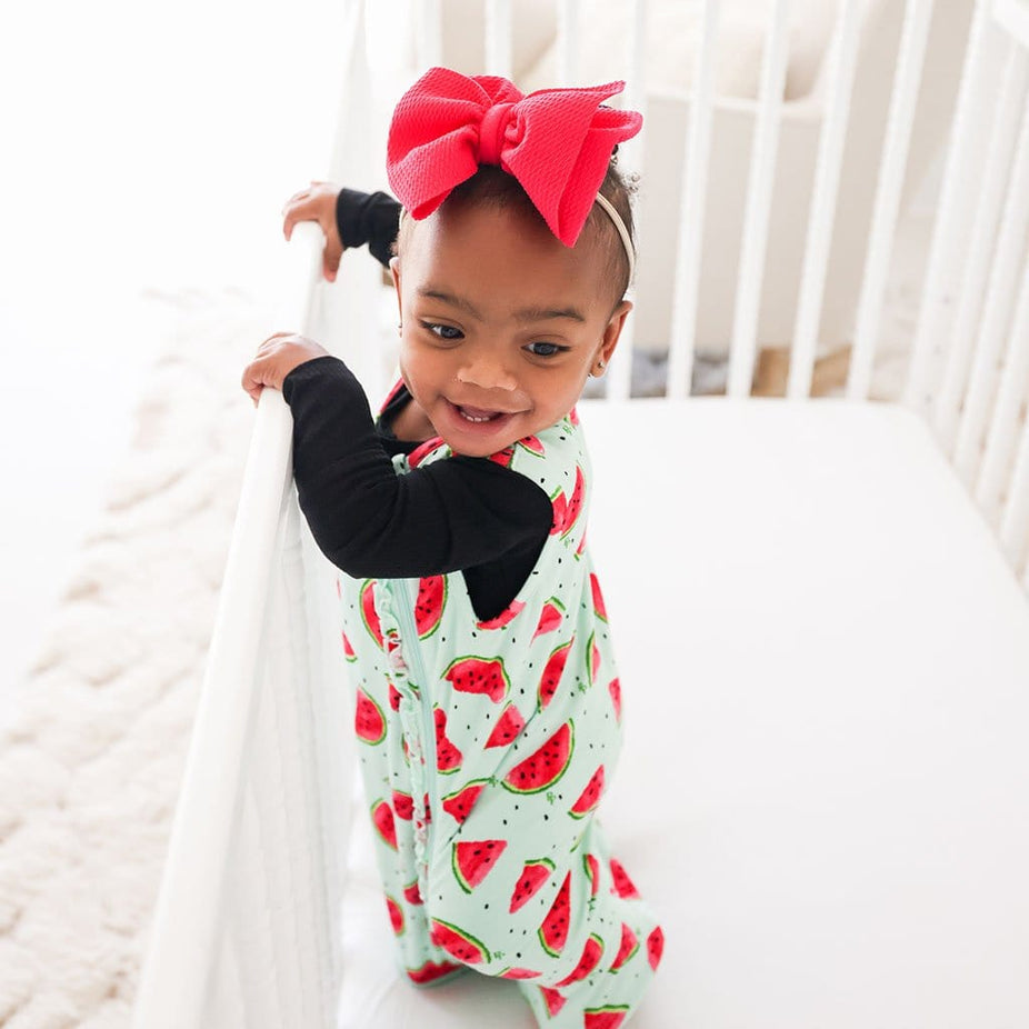 Baby in Mellony Sleeveless Ruffled Sleep Bag 0.5 Tog in watermelon print