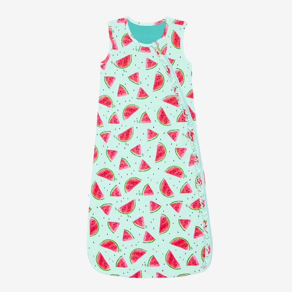 Mellony Sleeveless Ruffled Sleep Bag 1.0 Tog in watermelon print