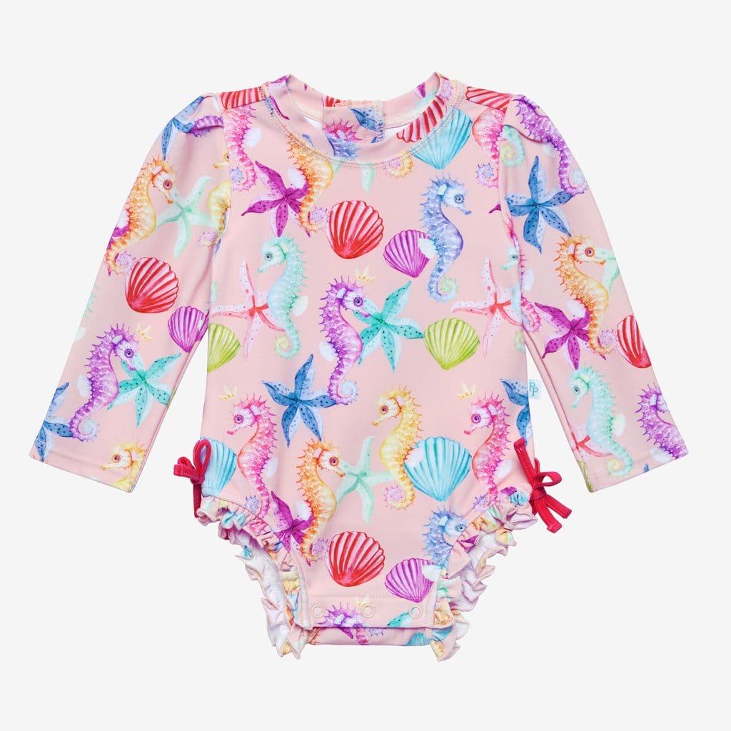 Coral Long Sleeve Ruffled Rash Guard Swimsuit