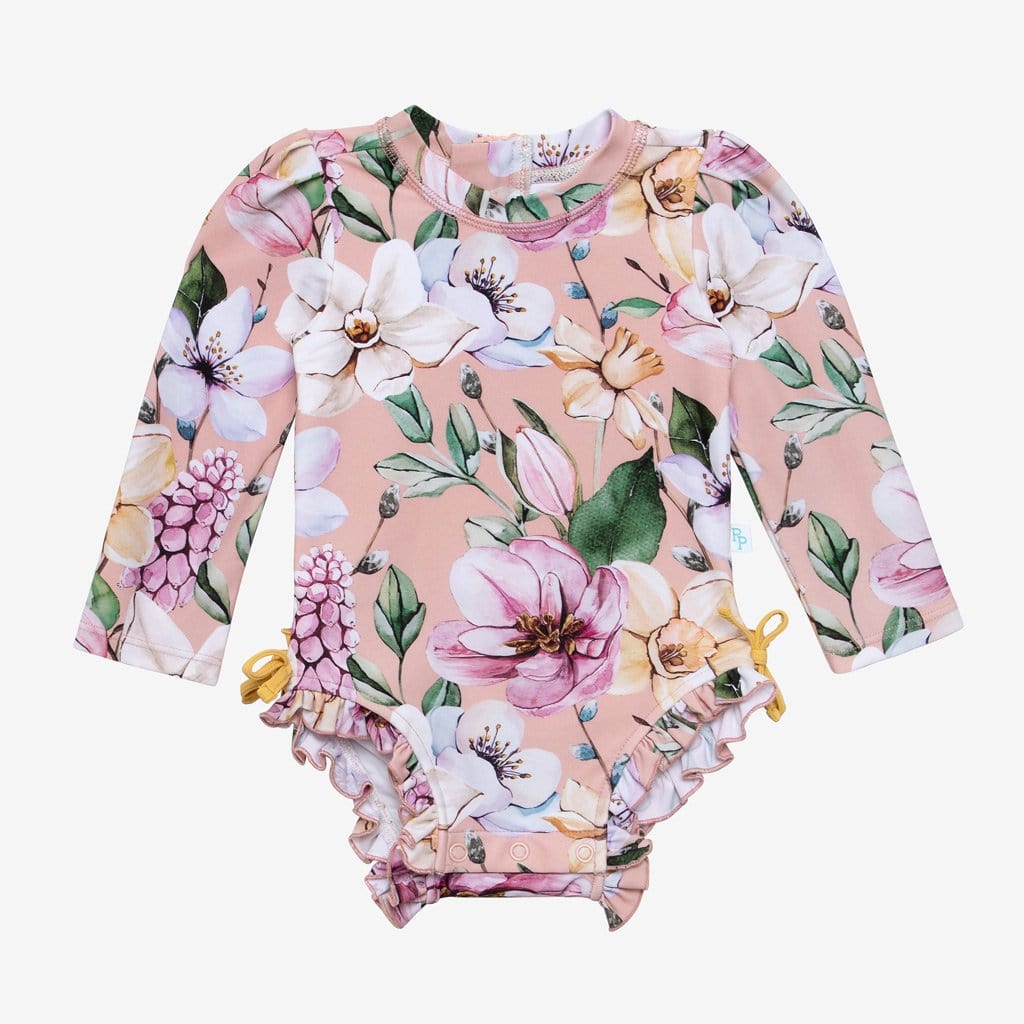 Margot Long Sleeve Ruffled Rash Guard Swimsuit in floral print