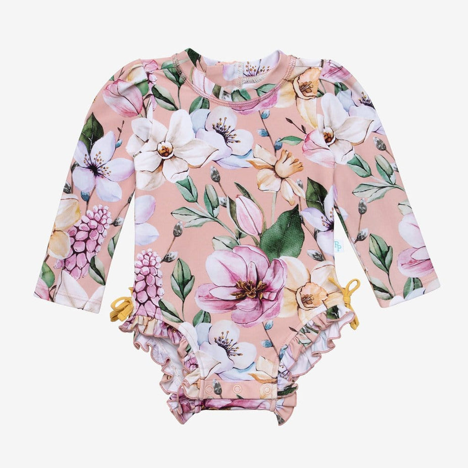 Margot Long Sleeve Ruffled Rash Guard Swimsuit in floral print