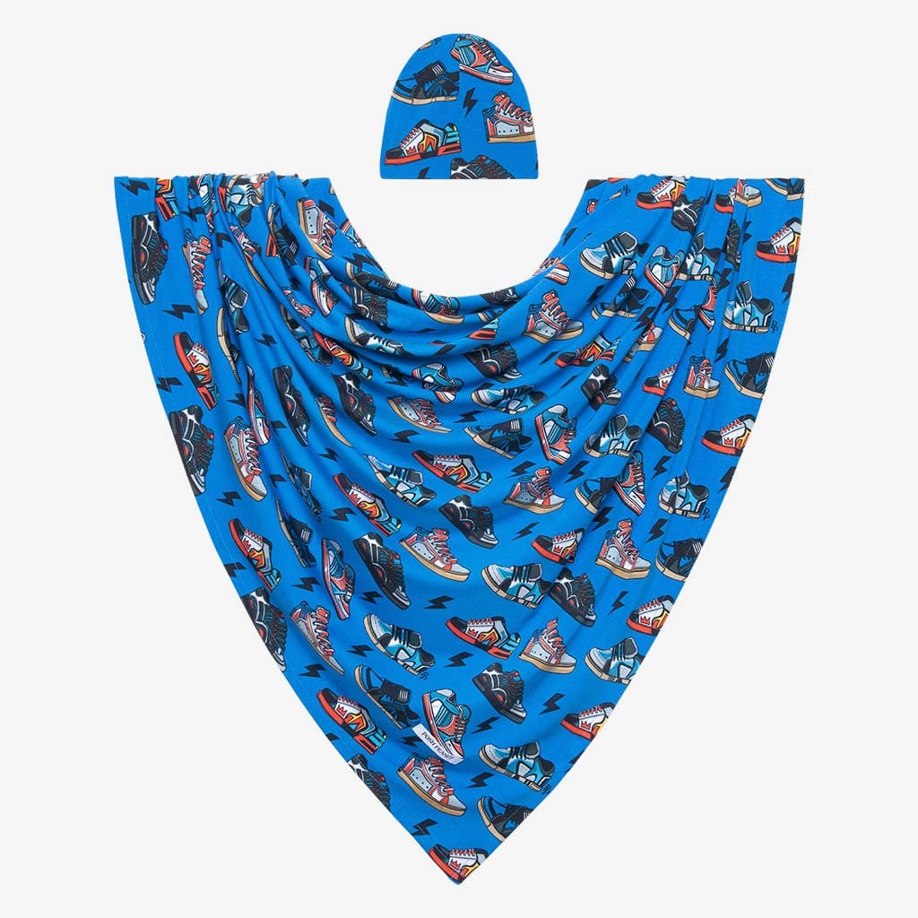 Bolt Swaddle Beanie Set in shoe prints