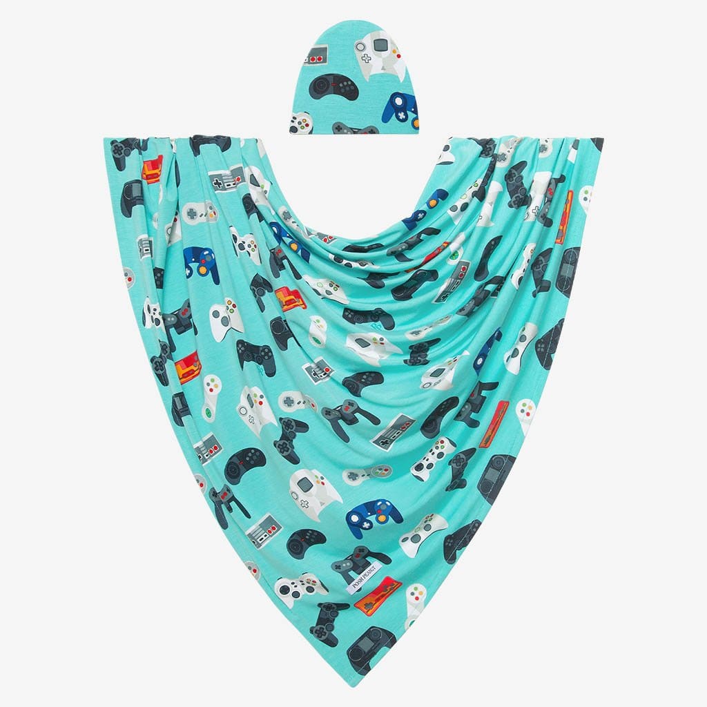 Gamer Swaddle Beanie Set in gaming controller print