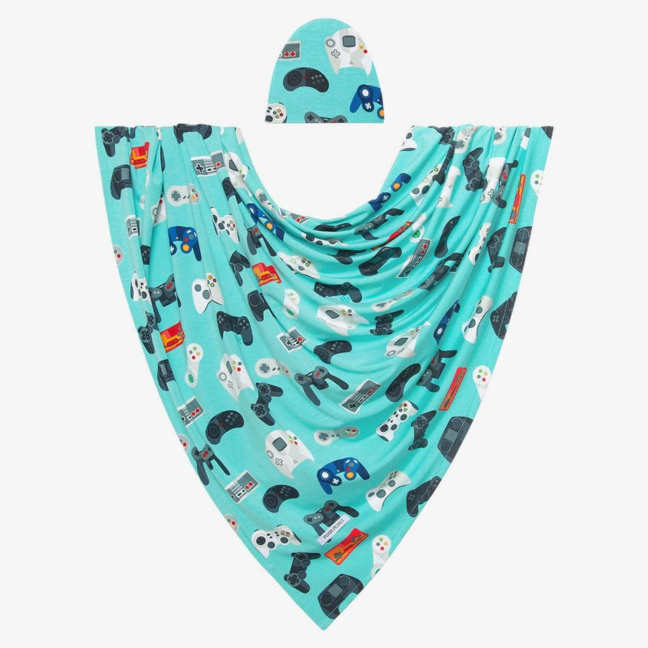 Gamer Swaddle Beanie Set in gaming controller print