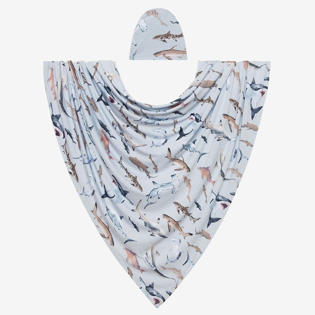 Maverick Swaddle Beanie Set in shark print