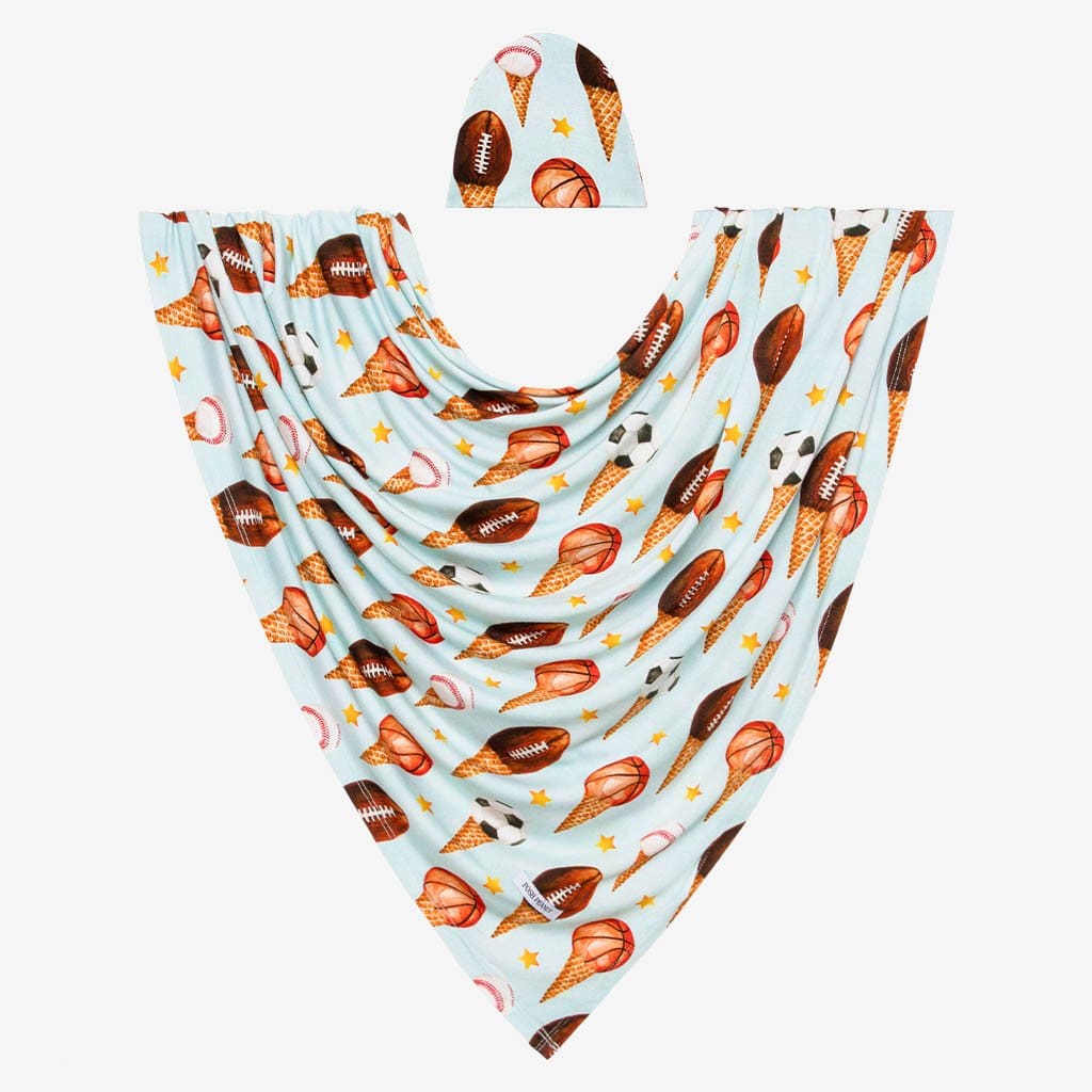 Scoops Swaddle Beanie Set in Basketball & Football print