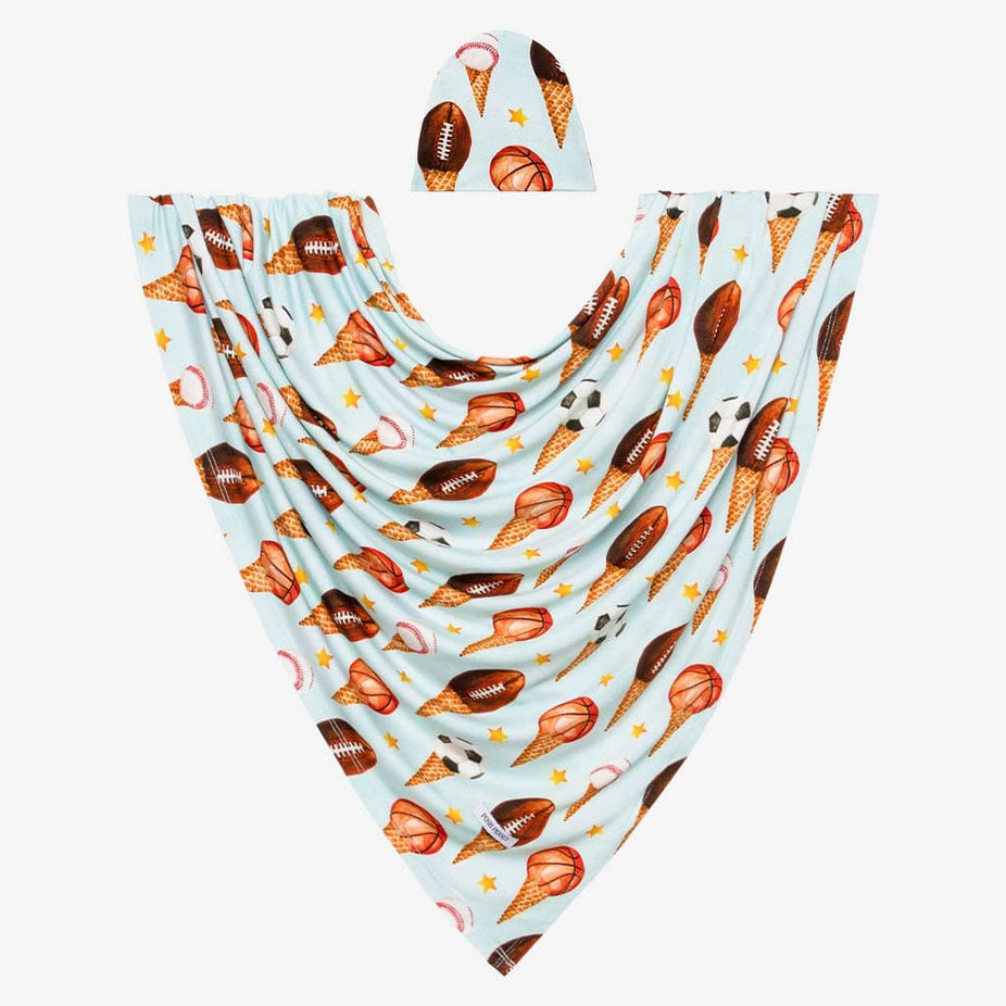 Scoops Swaddle Beanie Set in Basketball & Football print