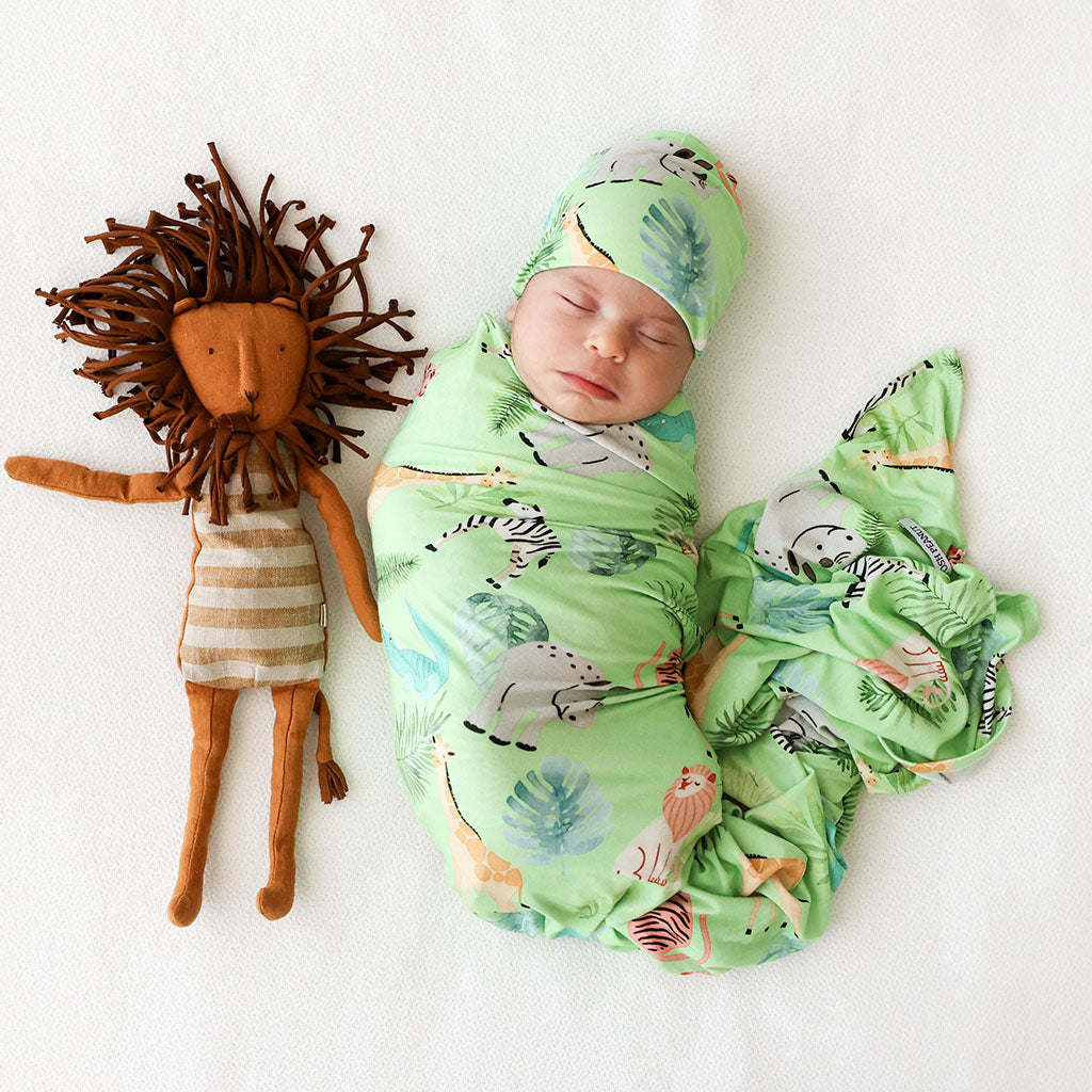 Safari Animals Swaddle Beanie Set