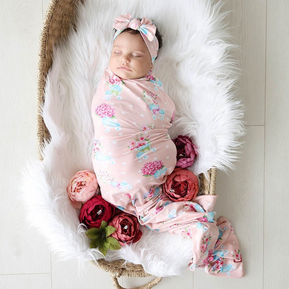 Baby wearing Jenny Swaddle Headband Set