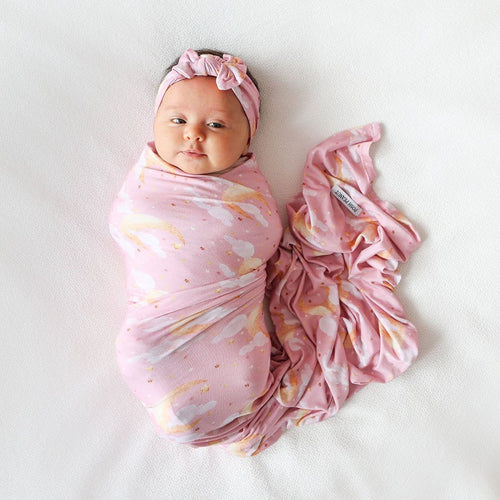 Baby Girl in Pink Swaddle Headband Set with Moons