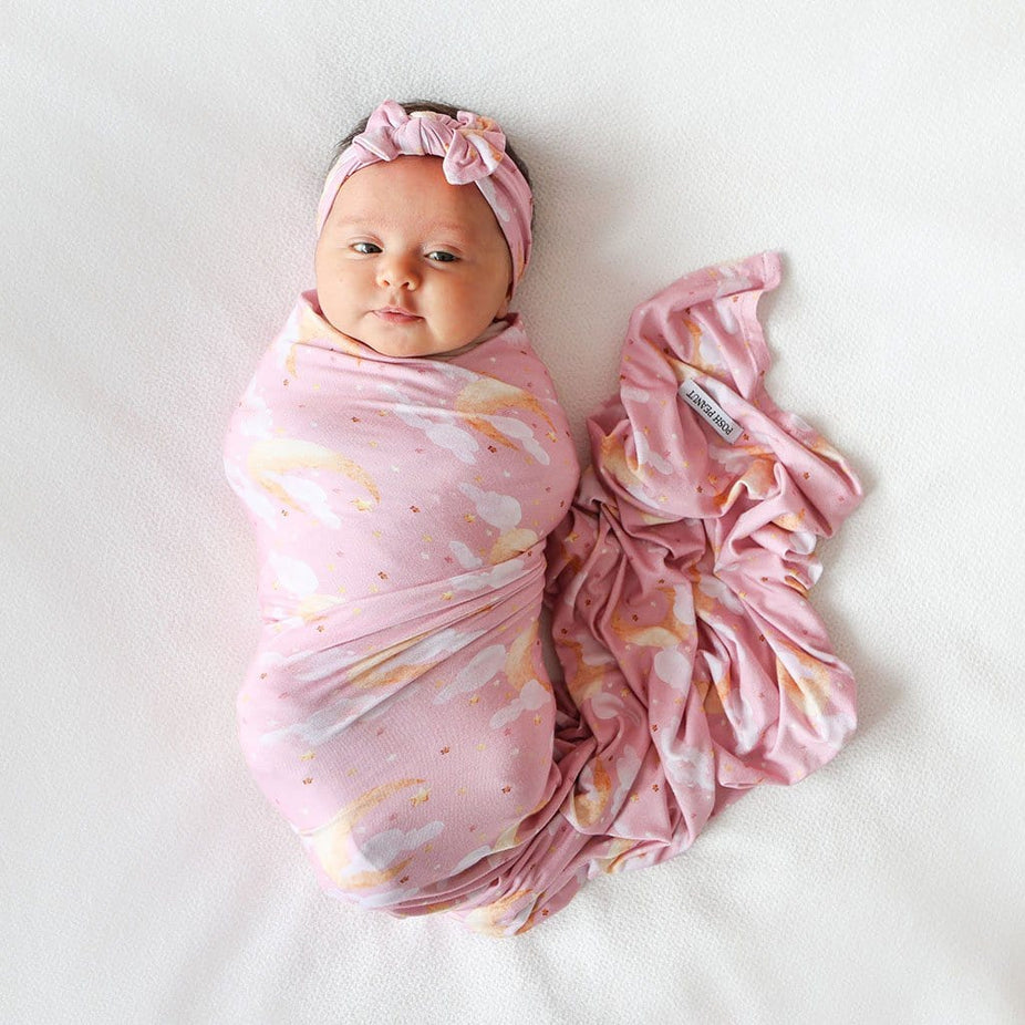 Baby Girl in Pink Swaddle Headband Set with Moons