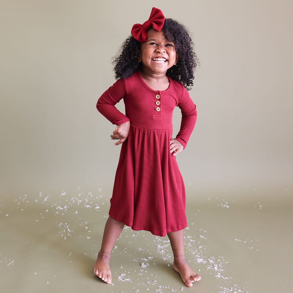 Bordeaux Waffle Long Sleeve Henley Twirl Dress
