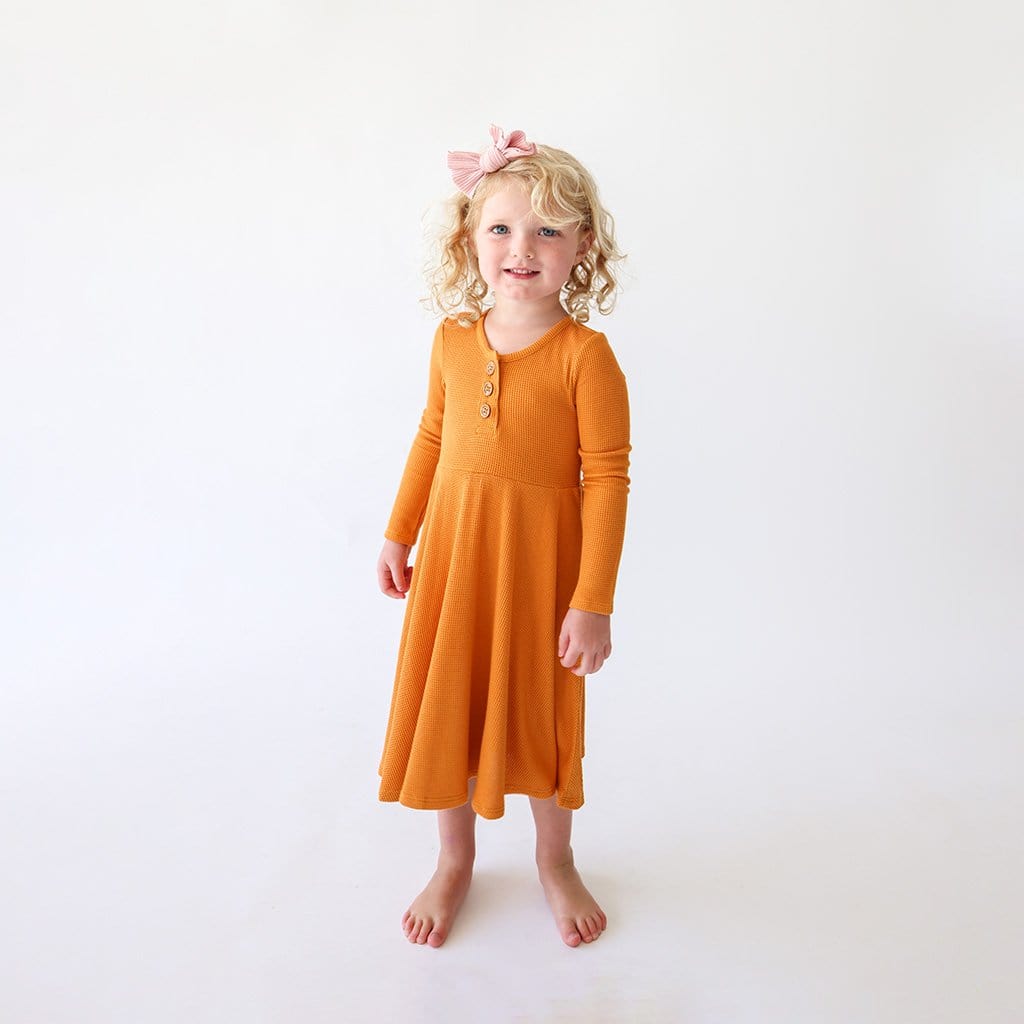 Pumpkin Spice Waffle Long Sleeve Henley Twirl Dress