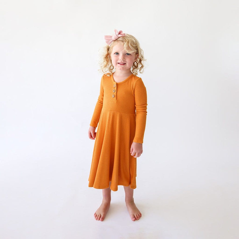 Pumpkin Spice Waffle Long Sleeve Henley Twirl Dress