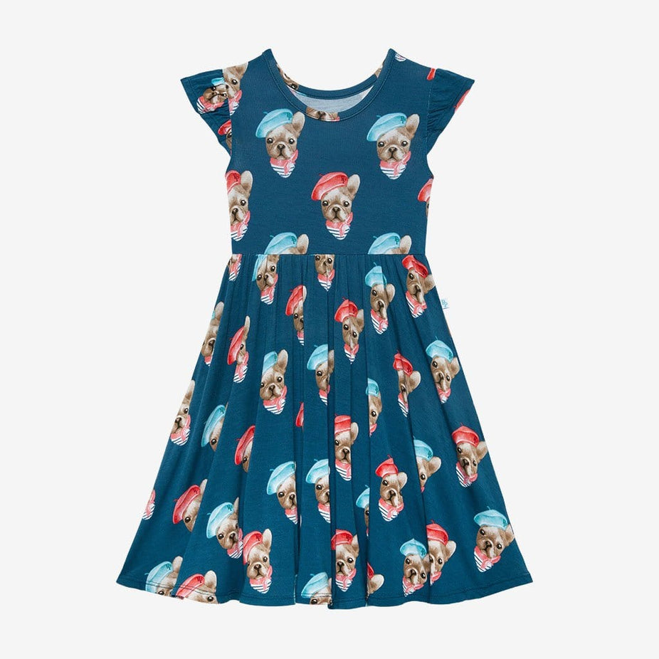 Bliue Dog Print Frenchie Ruffled Cap Sleeve Twirl Dress