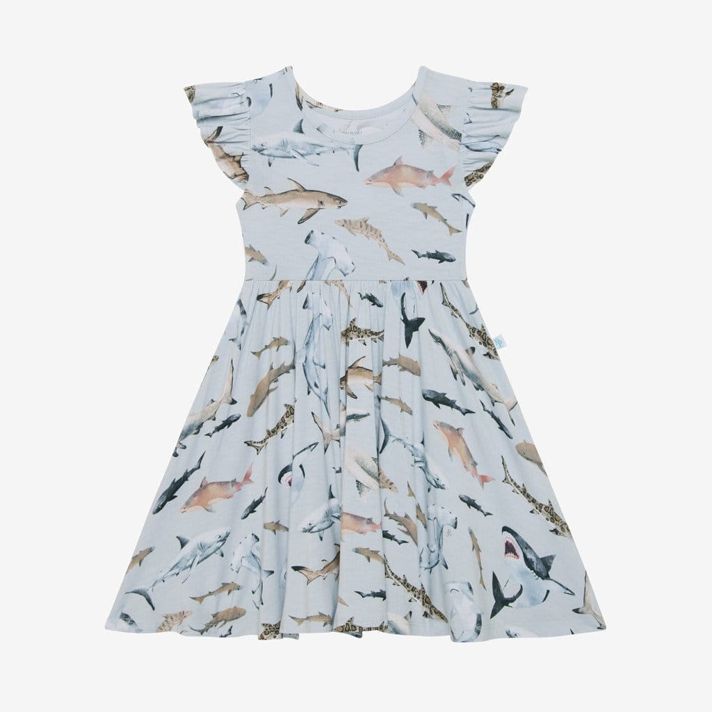 Maverick Ruffled Cap Sleeve Twirl Dress in shark print