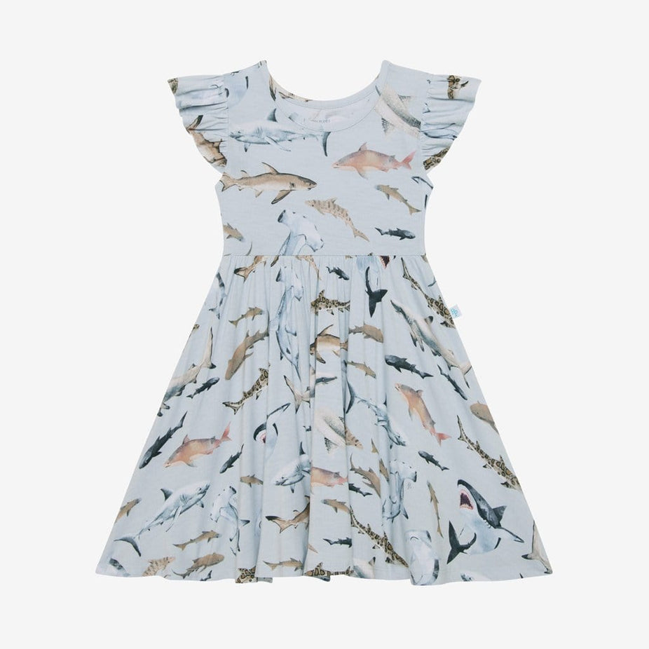 Maverick Ruffled Cap Sleeve Twirl Dress in shark print