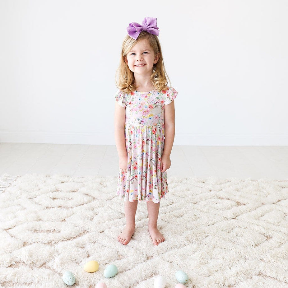 Toddler wearing Rose Ruffled Cap Sleeve Twirl Dress