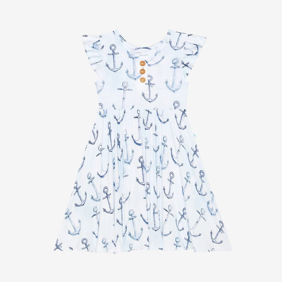 Anchors Away Ruffled Cap Sleeve Henley Twirl Dress