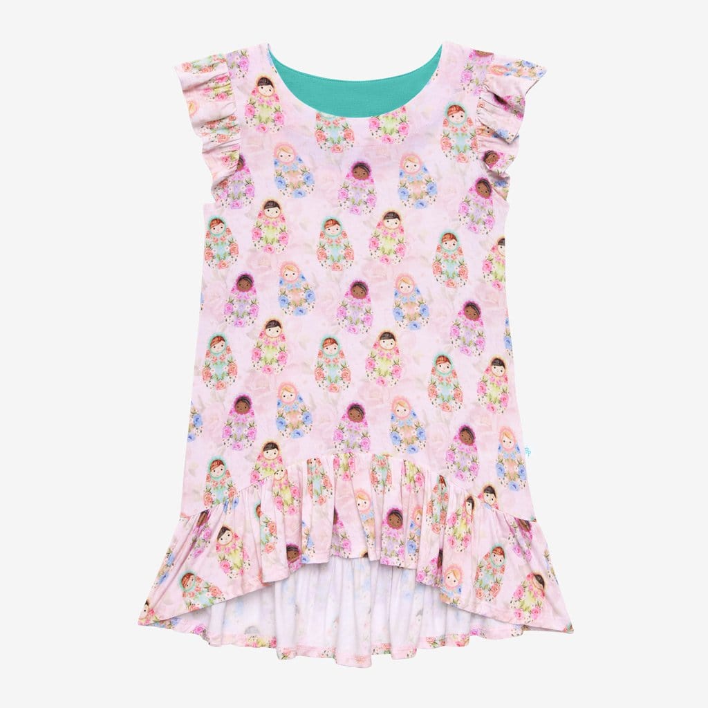 Pink Matryoshka Ruffled Cap Sleeve Hi-Low Dress