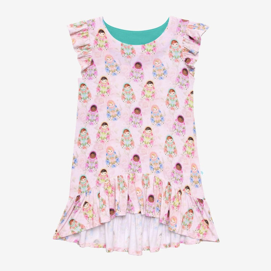 Pink Matryoshka Ruffled Cap Sleeve Hi-Low Dress