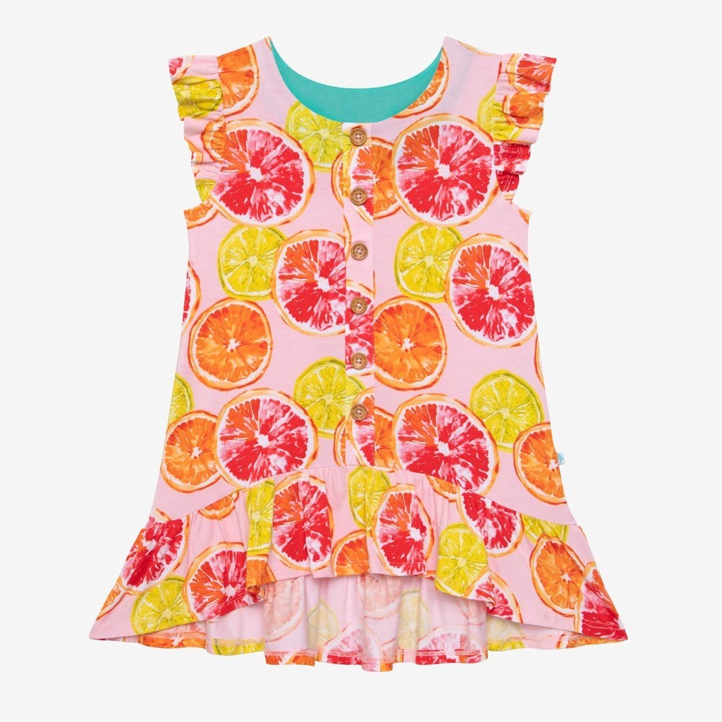 Citrine Ruffled Cap Sleeve Henley Hi-Low Dress