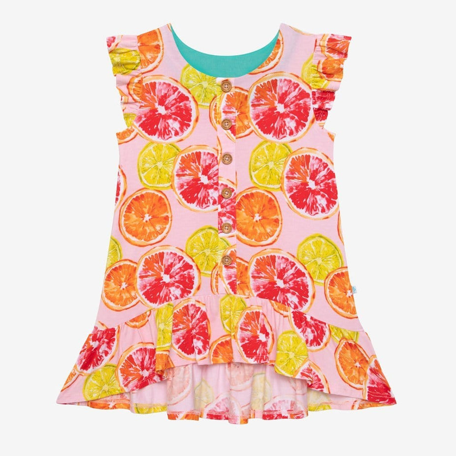 Citrine Ruffled Cap Sleeve Henley Hi-Low Dress