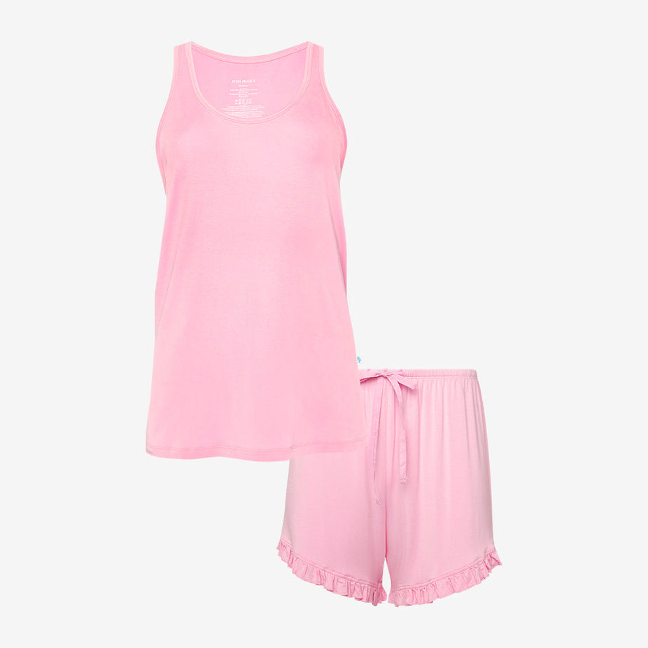 Preppy Pink Women's Tank Ruffled Short Set