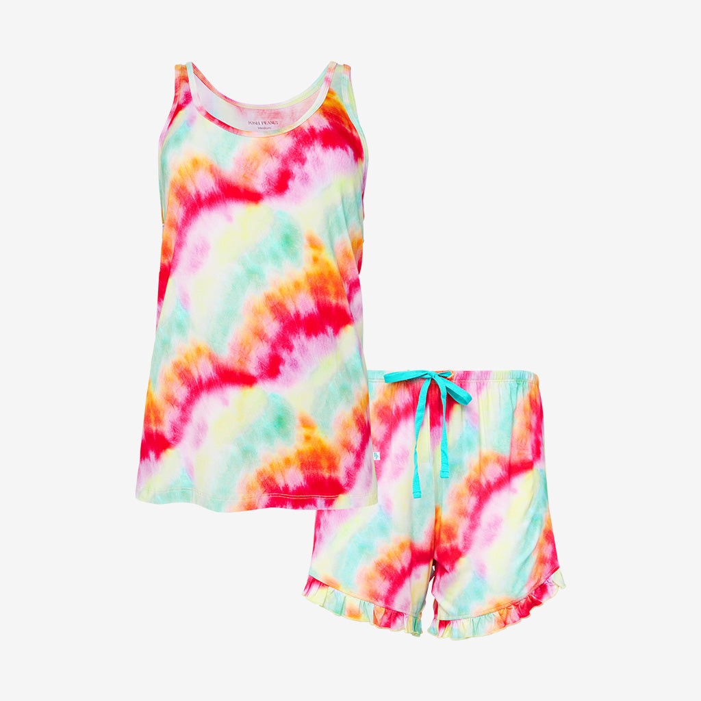 Rainbow Tie Dye Women's Tank Ruffled Short Set