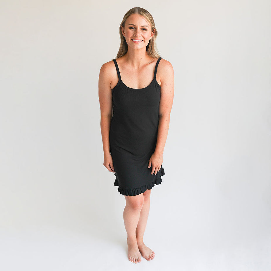 Black Ribbed Women's Sleeveless Slip Dress