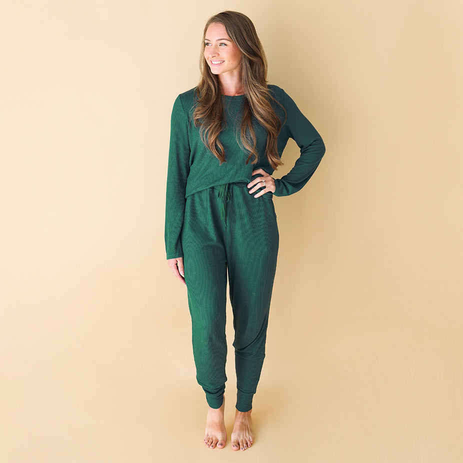 Hunter Green Waffle Women's Long Sleeve Scoop Loungewear