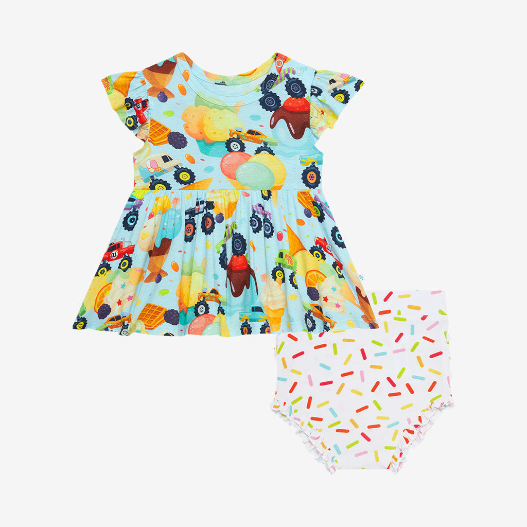 Monster Trucks Ruffled Cap Sleeve Peplum Ruffled Bummie Set