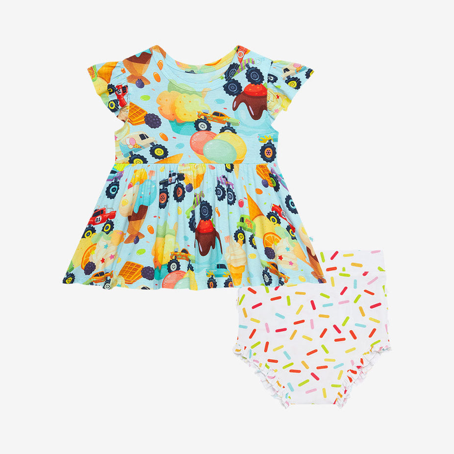Monster Trucks Ruffled Cap Sleeve Peplum Ruffled Bummie Set