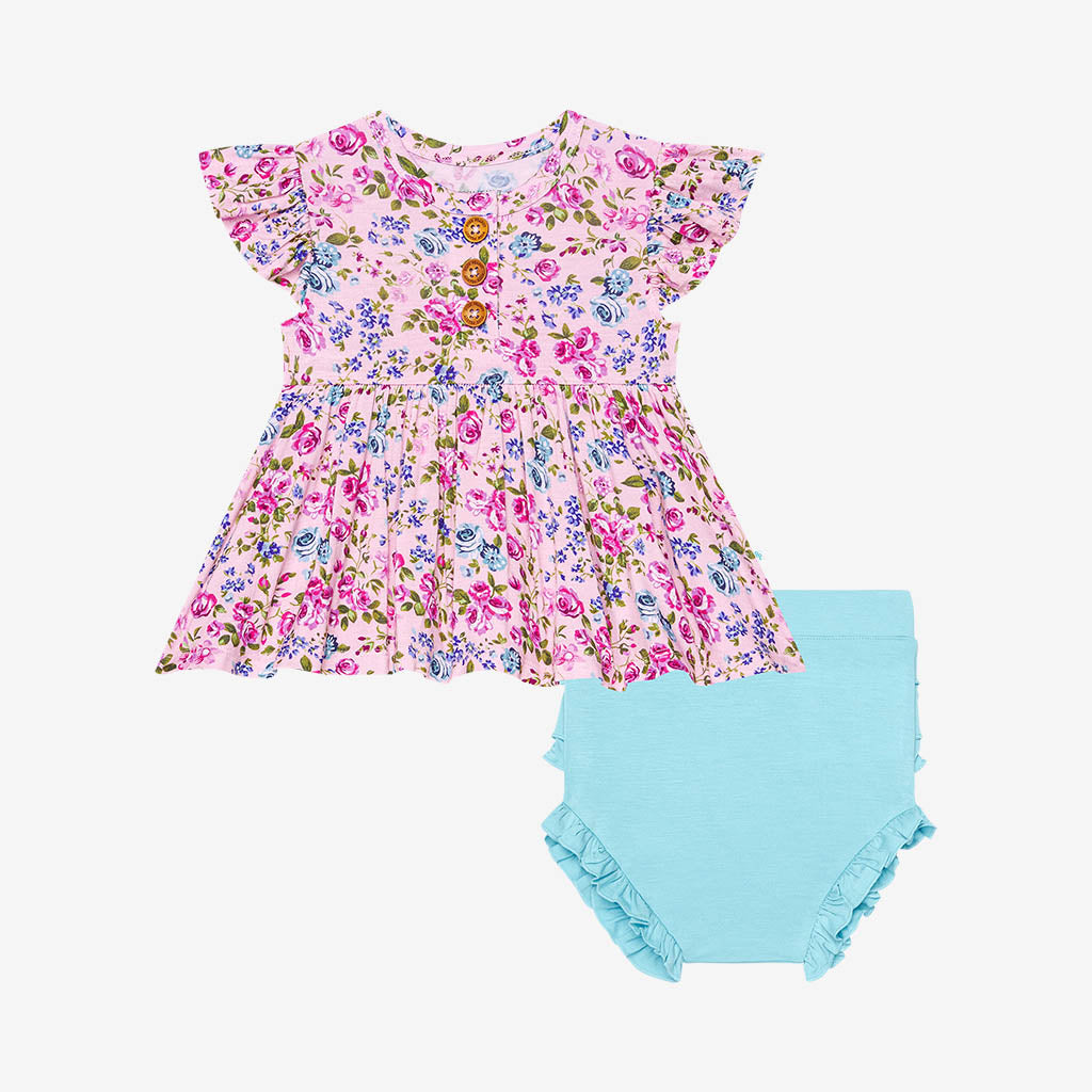 Pixie Ruffled Cap Sleeve Henley Peplum Ruffled Bummie Set