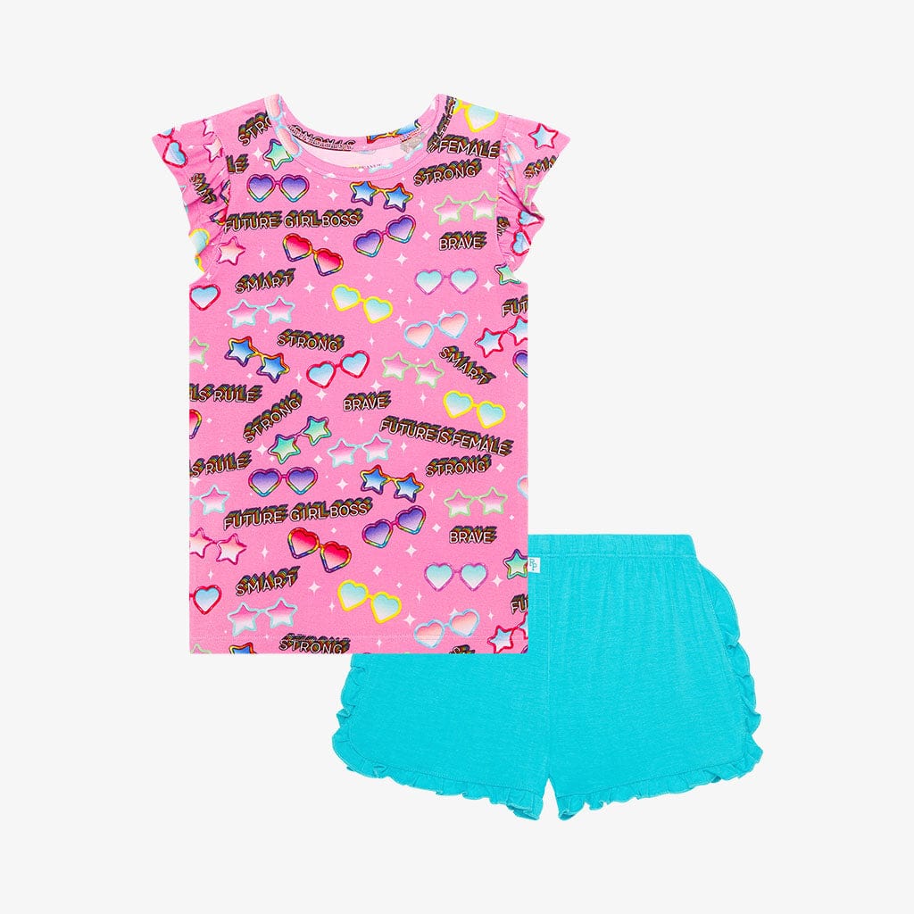 Future is Female Ruffled Cap Sleeve Top Ruffled Short Set