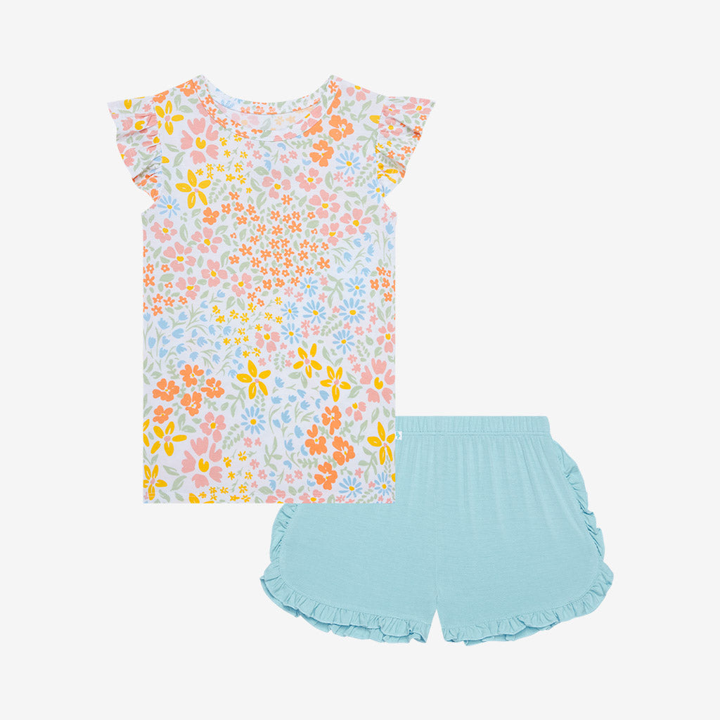 Zenni Ruffled Cap Sleeve Top Ruffled Short Set