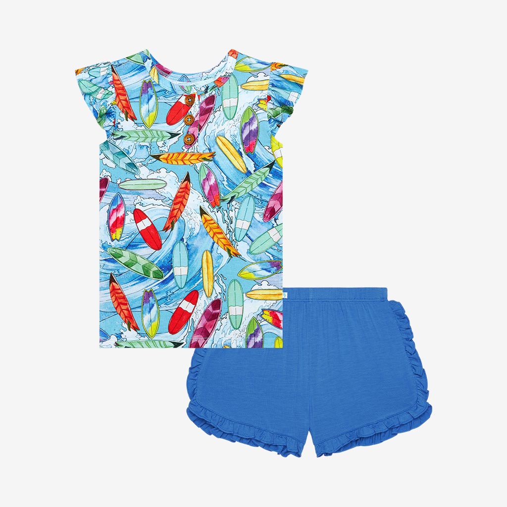Wave Ruffled Cap Sleeve Henley Top Ruffled Short Set