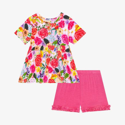 Petra Short Sleeve Henley Peplum Ruffled Short Set