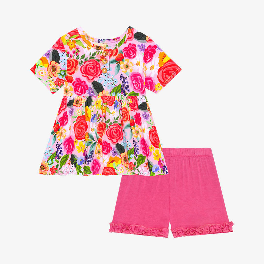 Petra Short Sleeve Henley Peplum Ruffled Short Set