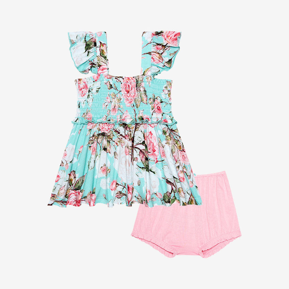 Spring Rose Smocked Babydoll Bummie Set