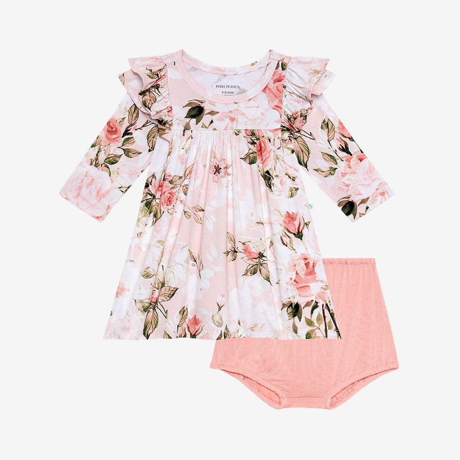 Vintage Pink Rose 3/4 Sleeve Flutter Dress Bummie Set