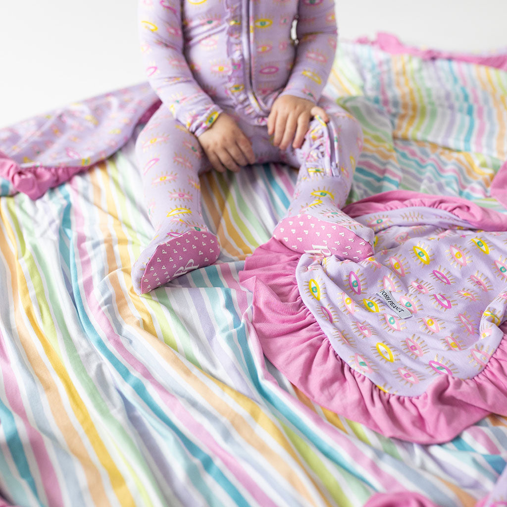 Cleo & Pastel Rainbow Stripe Ruffled Luxe Patoo® Blanket