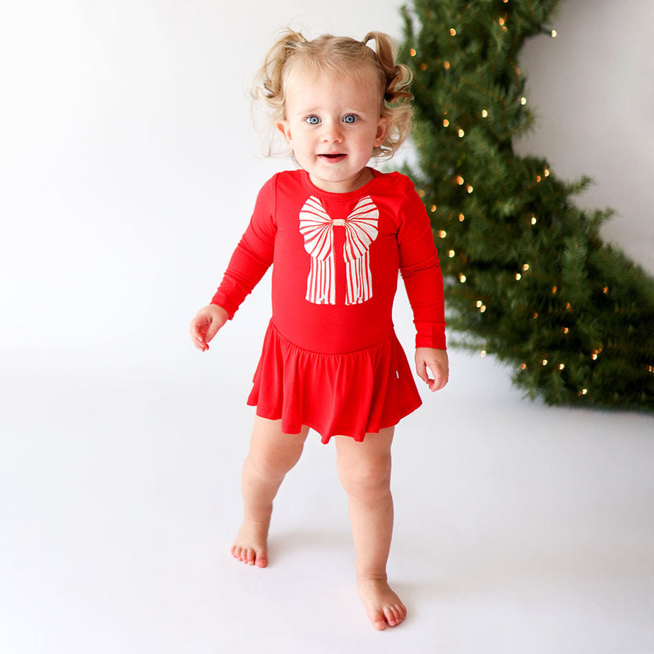Candy Cane Bow Long Sleeve Twirl Skirt Bodysuit