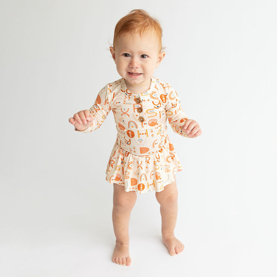 Alphabet Medley Long Sleeve Henley Twirl Skirt Bodysuit