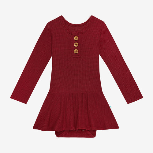 Maroon Waffle Long Sleeve Henley Twirl Skirt Bodysuit