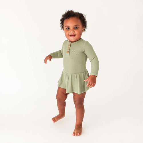 Olive Waffle Long Sleeve Henley Twirl Skirt Bodysuit