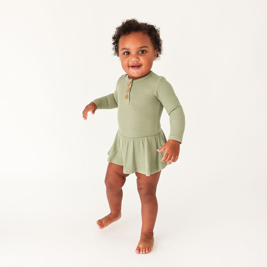 Olive Waffle Long Sleeve Henley Twirl Skirt Bodysuit