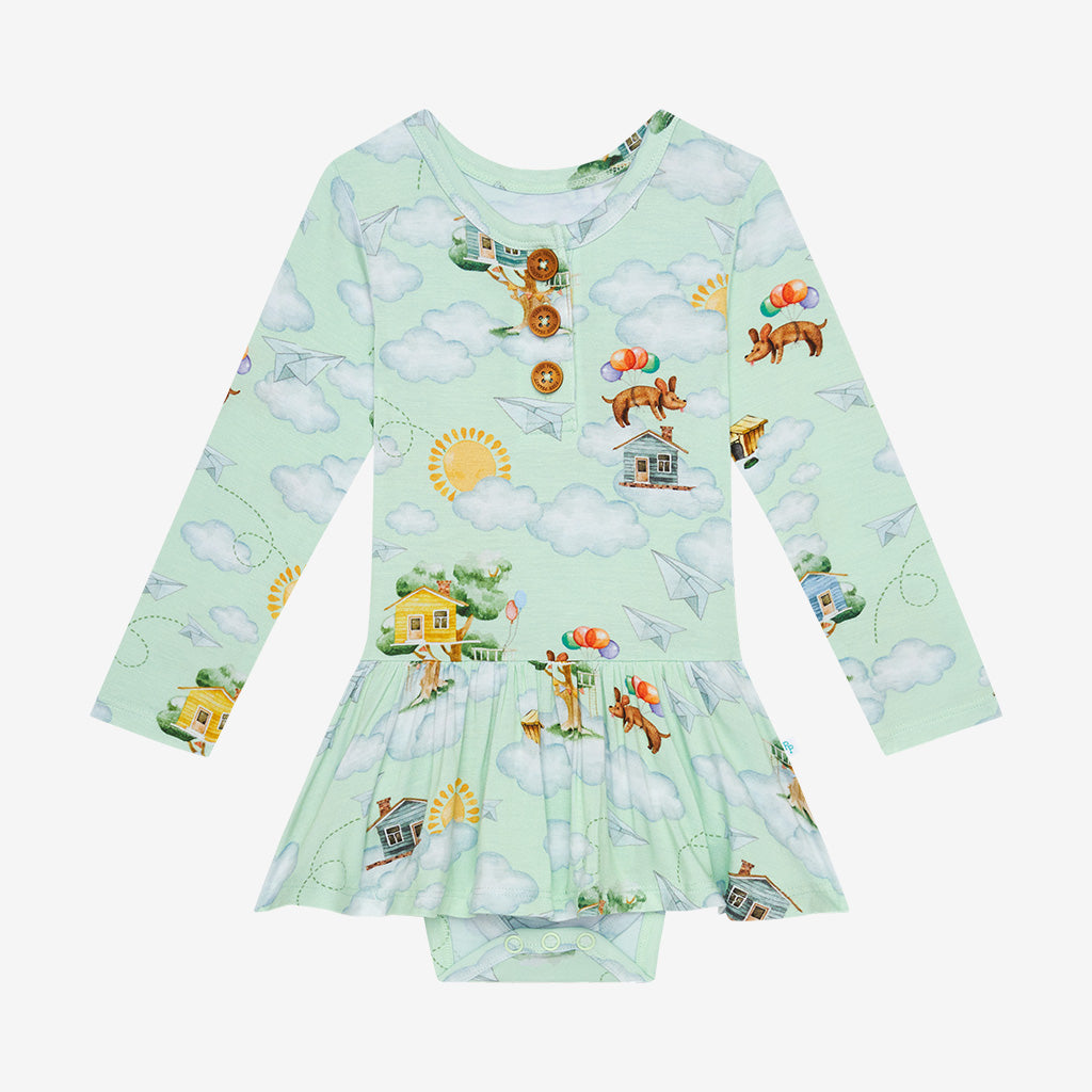 Posh Tree House Long Sleeve Henley Twirl Skirt Bodysuit