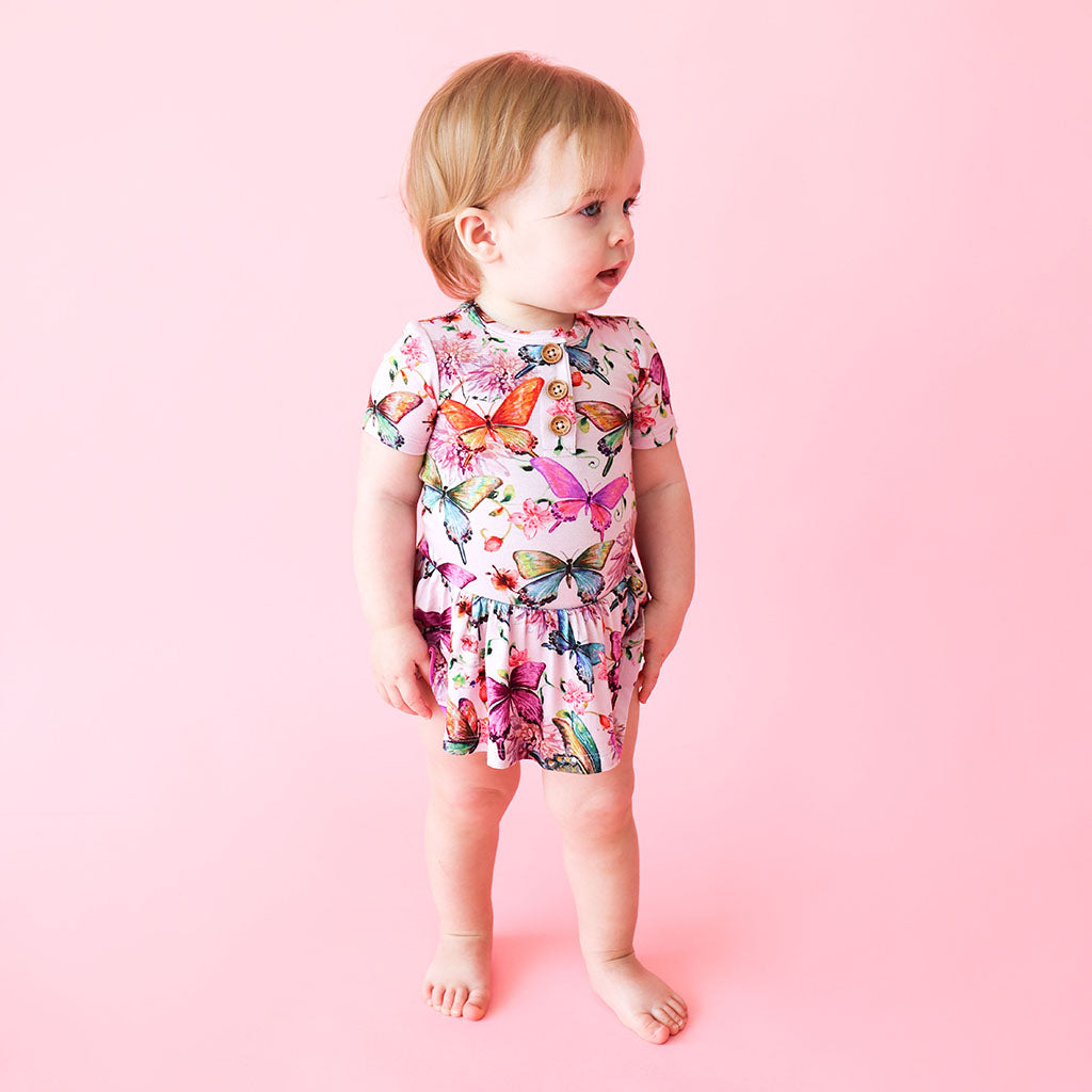Watercolor Butterfly Short Sleeve Henley Twirl Skirt Bodysuit