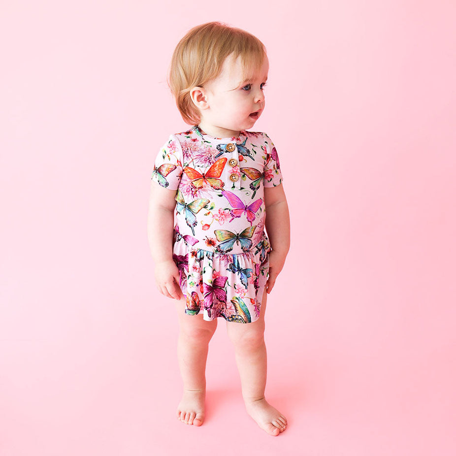 Watercolor Butterfly Short Sleeve Henley Twirl Skirt Bodysuit
